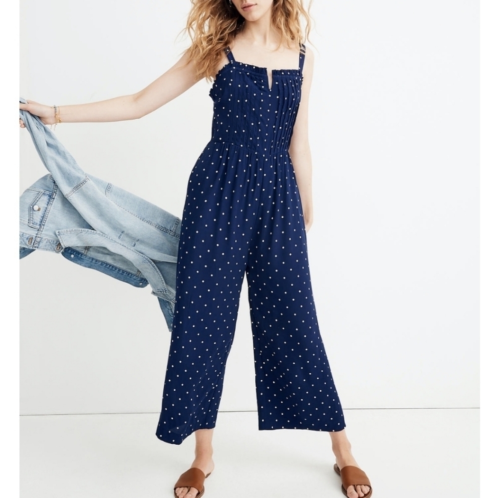 Madewell Navy Pintuck Polka Dot Cami Halter Wide Leg Jumpsuit Size 0